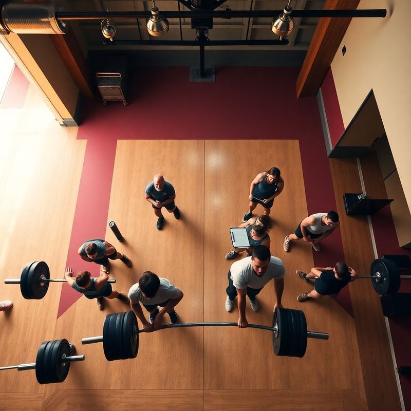 Overhead view of a small barbell class in progress on the Heritage Vaughn floor